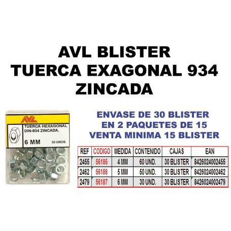 BLISTER TUERCA HEXAGONAL DIN 934 CINCADO METRICA M-6