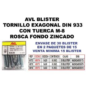 BLISTER TORNILLO ROSCA METAL CABEZA HEXAGONAL DIN 933 CON TUERCA CINCADO LARGO 30MM METRICA M-6