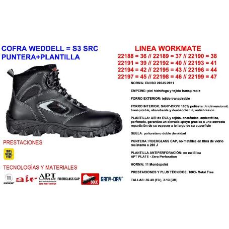 BOTA PIEL COFRA  WEDDELL S3 PUNTERA Y PLANTILLA NO METALICA TALLA 39-46 T/CALZADO NUMERO 39